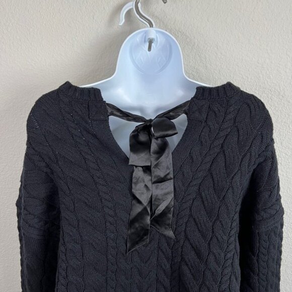New J. Crew Cable Knit Sweater Women's S Black Tie Back Wool Blend Boxy Relaxed - Picture 5 of 7